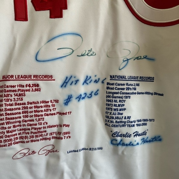 Pete Rose “Charlie Hustle Hit King” Autographed Jersey #210/500 – No COA - Picture 3 of 4